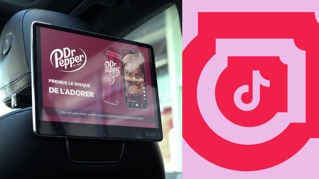 Campagne Dr Pepper TikTok Out of Phone diffusée sur un écran DigiCab à bord d’un taxi premium