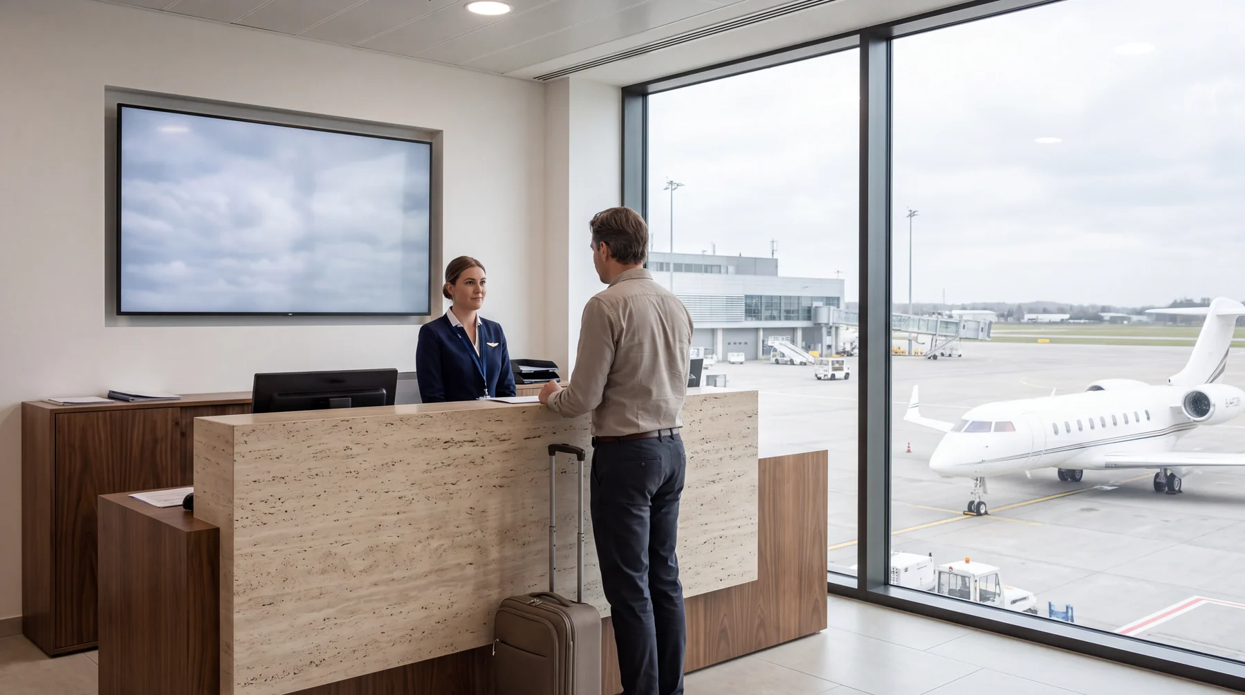 Accueil d'un terminal d'aviation d'affaires, écran de marque et jet privé