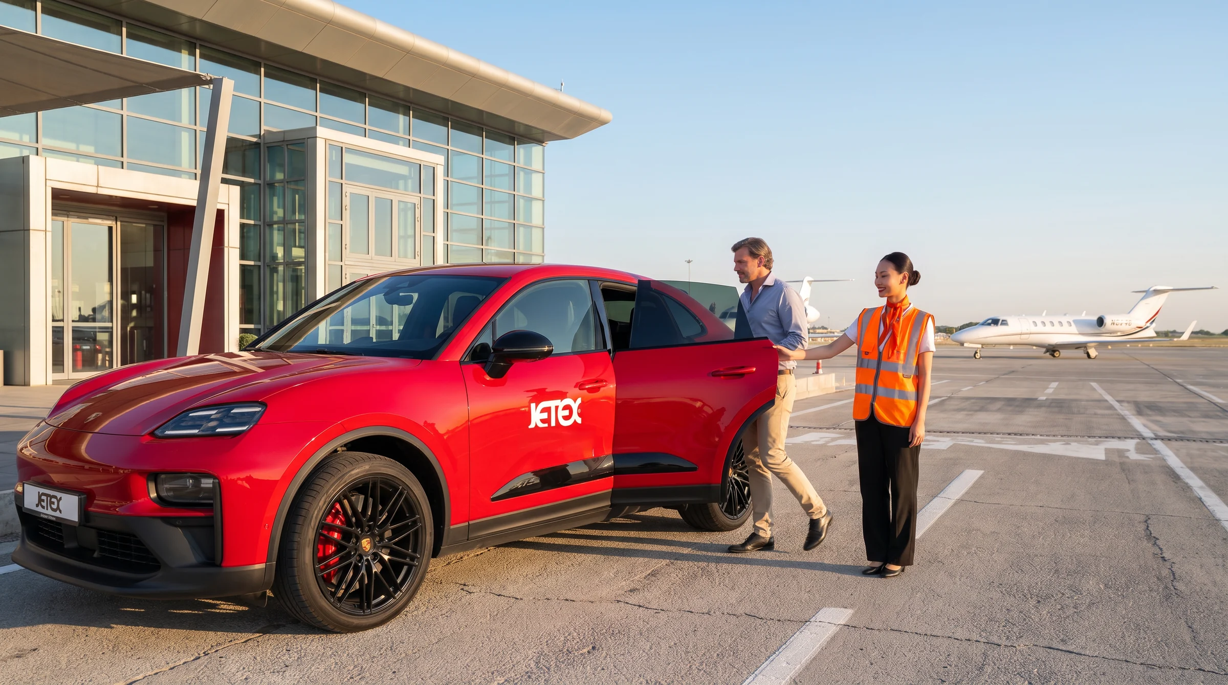 Accueil d'un passager à bord d'une Porsche sur le tarmac d'un terminal d'aviation d'affaires