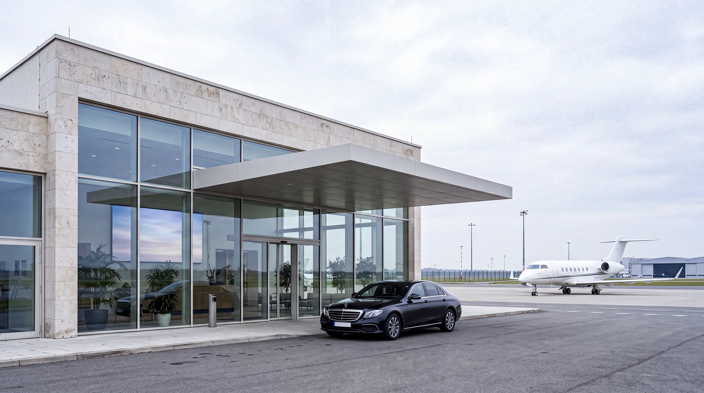 Terminal d'aviation d'affaires, berline et jet privé sur le tarmac