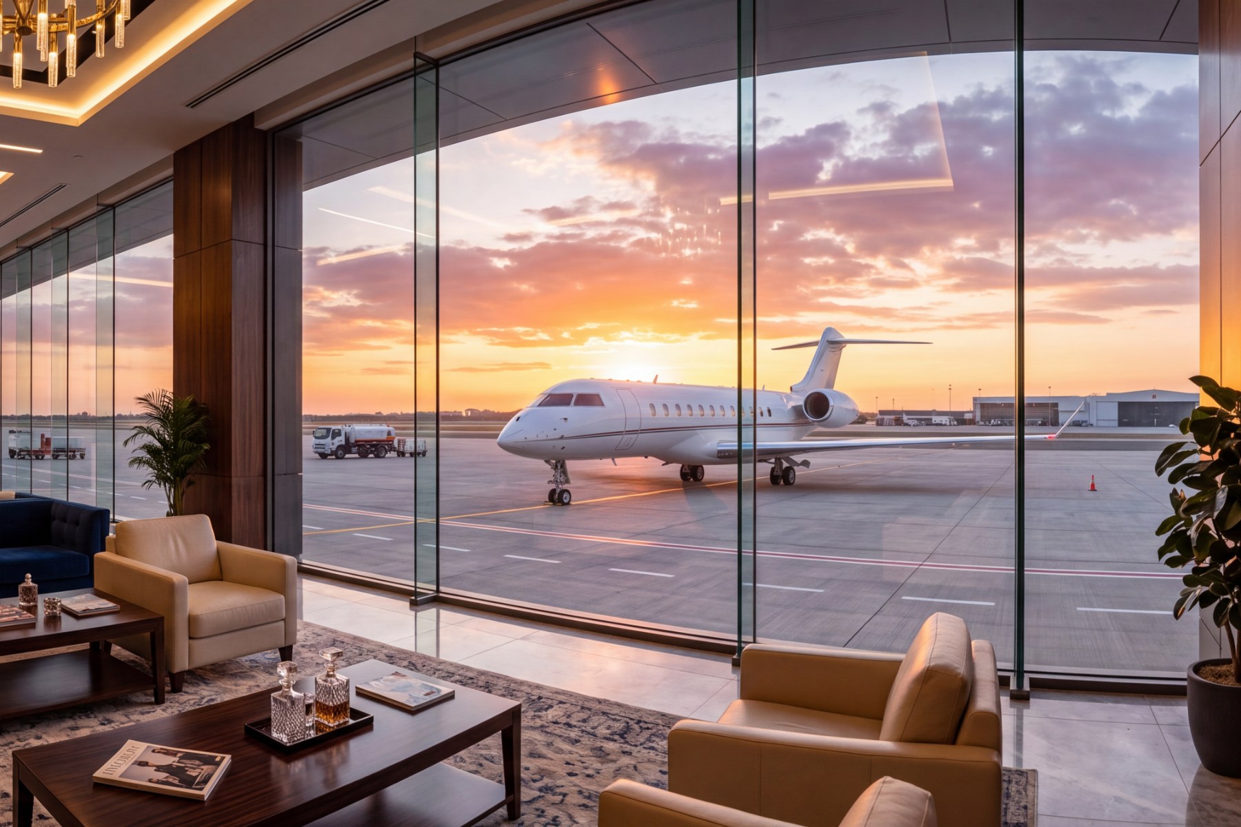 Salon privé d'un terminal d'aviation d'affaires au coucher du soleil, un jet sur le tarmac