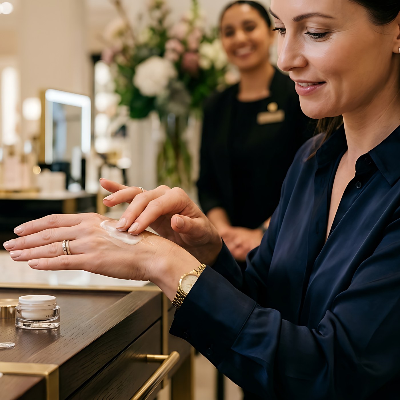 Cliente testant un soin de luxe avec une conseillère, lors d'une expérience de marque